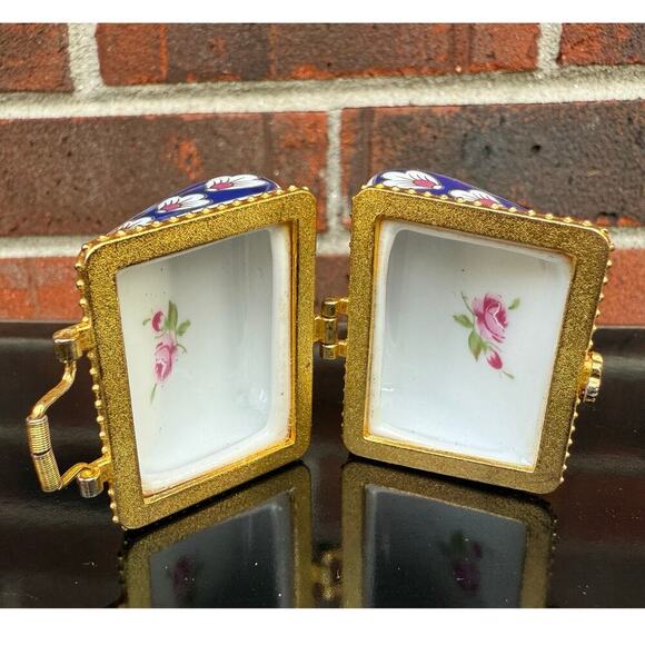 Miniature Floral Porcelain Carpet Bag/Purse Trinket Box - Picture 1 of 6